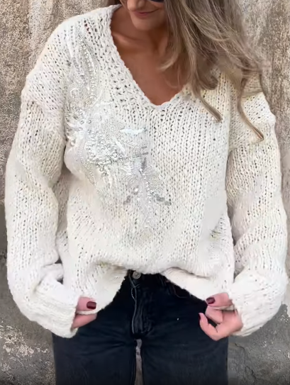 Embellished V - Neck Knit Sweater