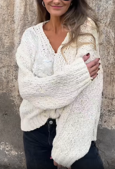 Embellished V - Neck Knit Sweater