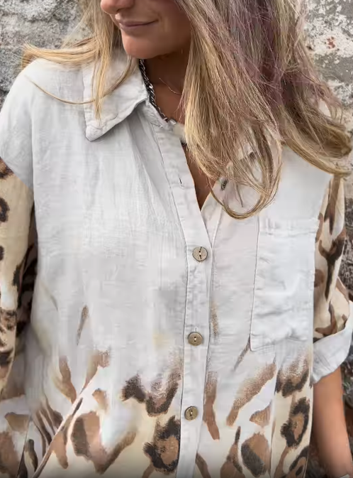 Leopard - Print Contrast Button - Down Shirt