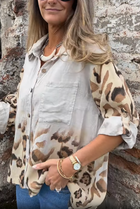 Leopard - Print Contrast Button - Down Shirt