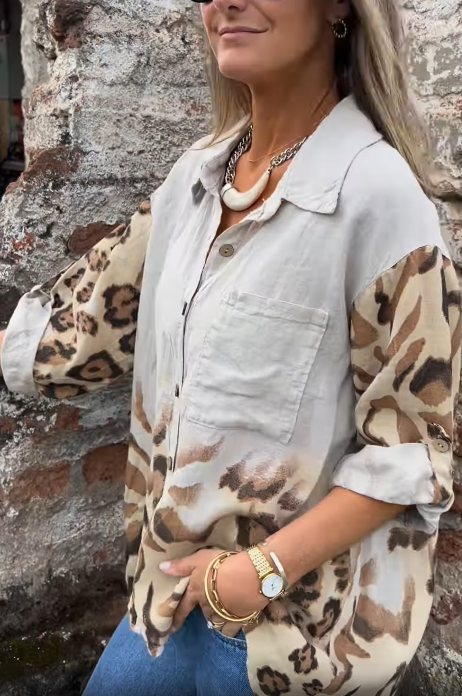Leopard - Print Contrast Button - Down Shirt