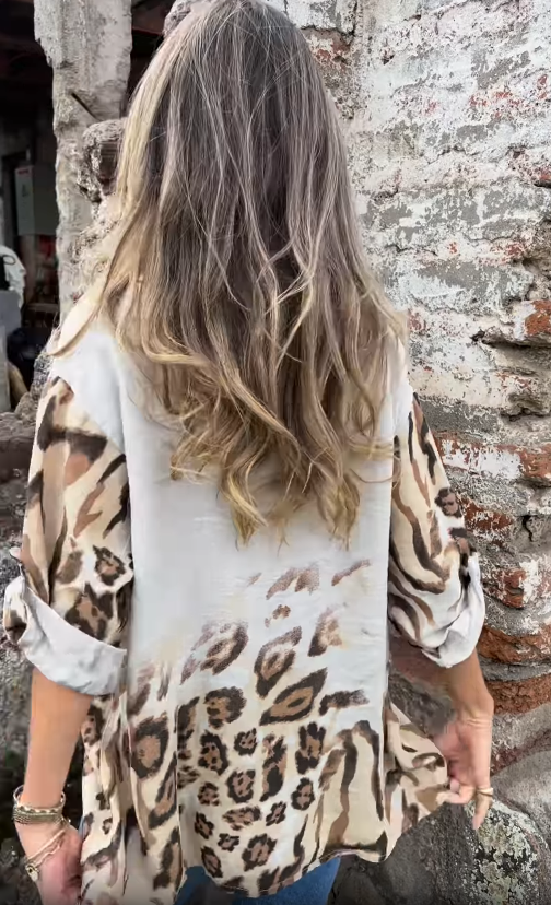 Leopard - Print Contrast Button - Down Shirt