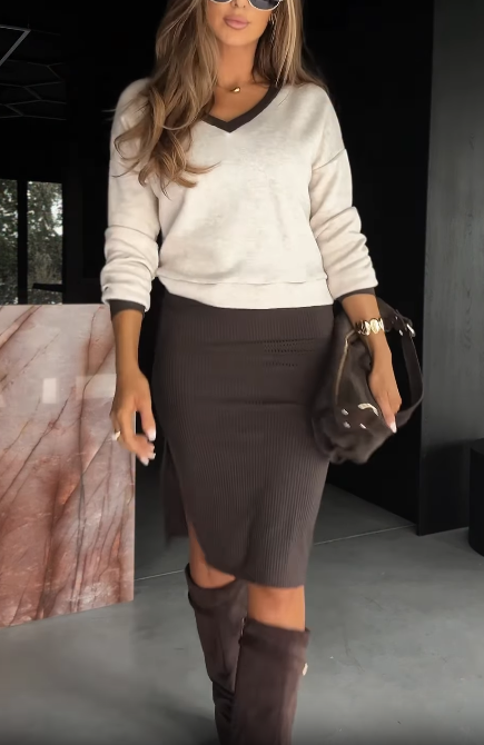 V-neck sweater with ribbed midi skirt set