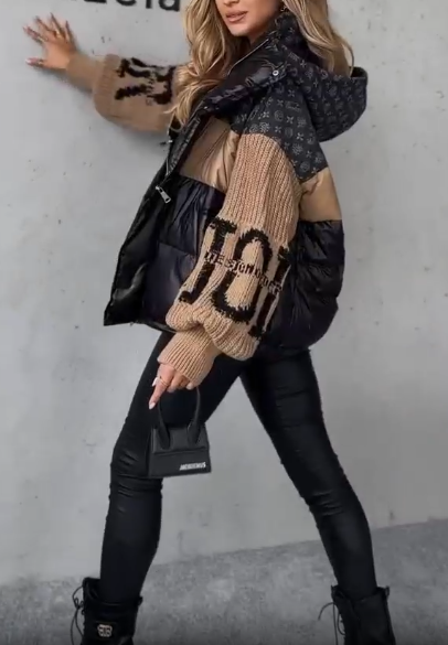 Patchwork Knit and Leather Puffer Jacket