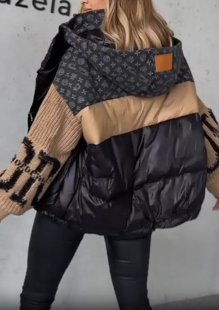 Patchwork Knit and Leather Puffer Jacket