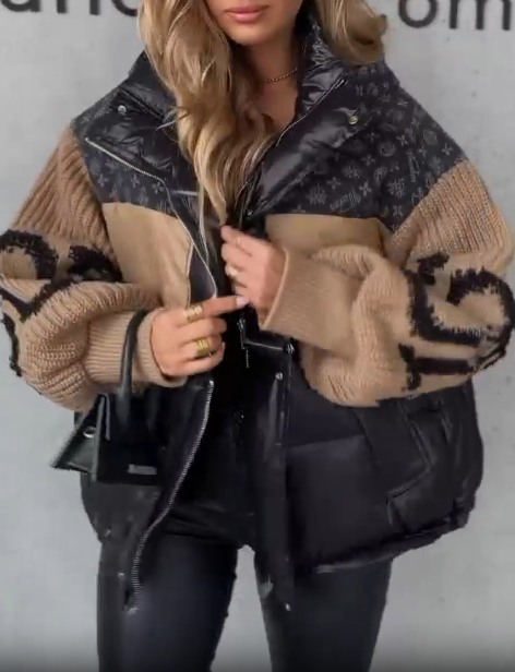 Patchwork Knit and Leather Puffer Jacket