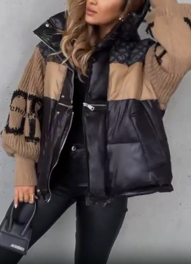 Patchwork Knit and Leather Puffer Jacket