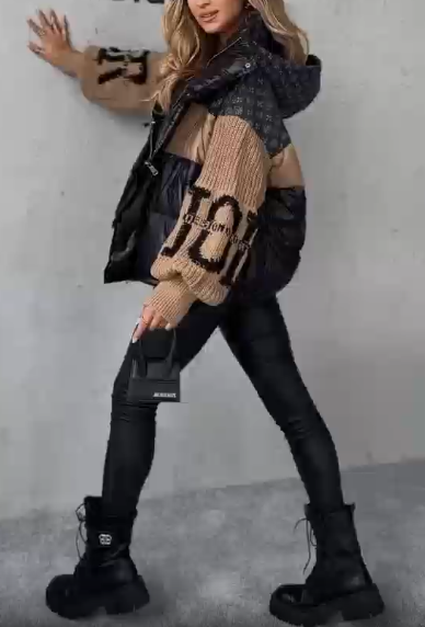 Patchwork Knit and Leather Puffer Jacket