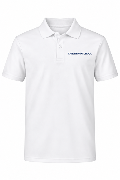 Performance Tech Polo (unisex) - White, with Carlthorp School Logo