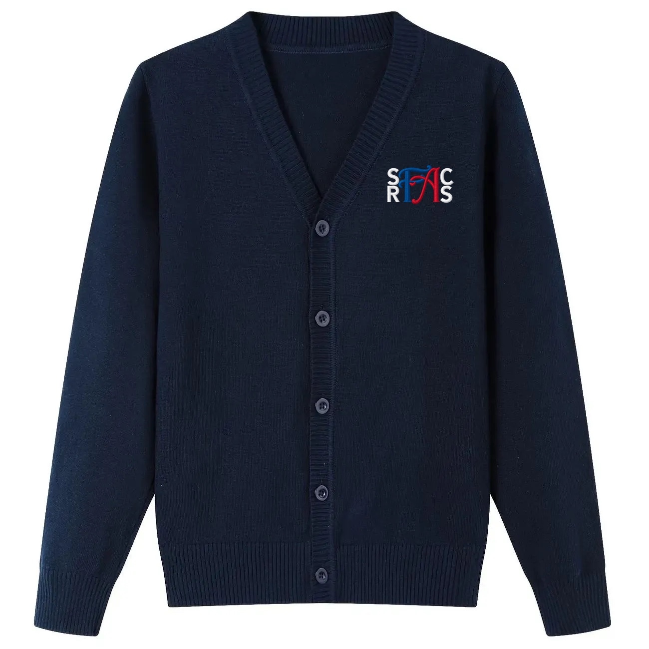 Lux Knit V Neck Cardigan Sweater (unisex) - Navy, With SRFACS Logo