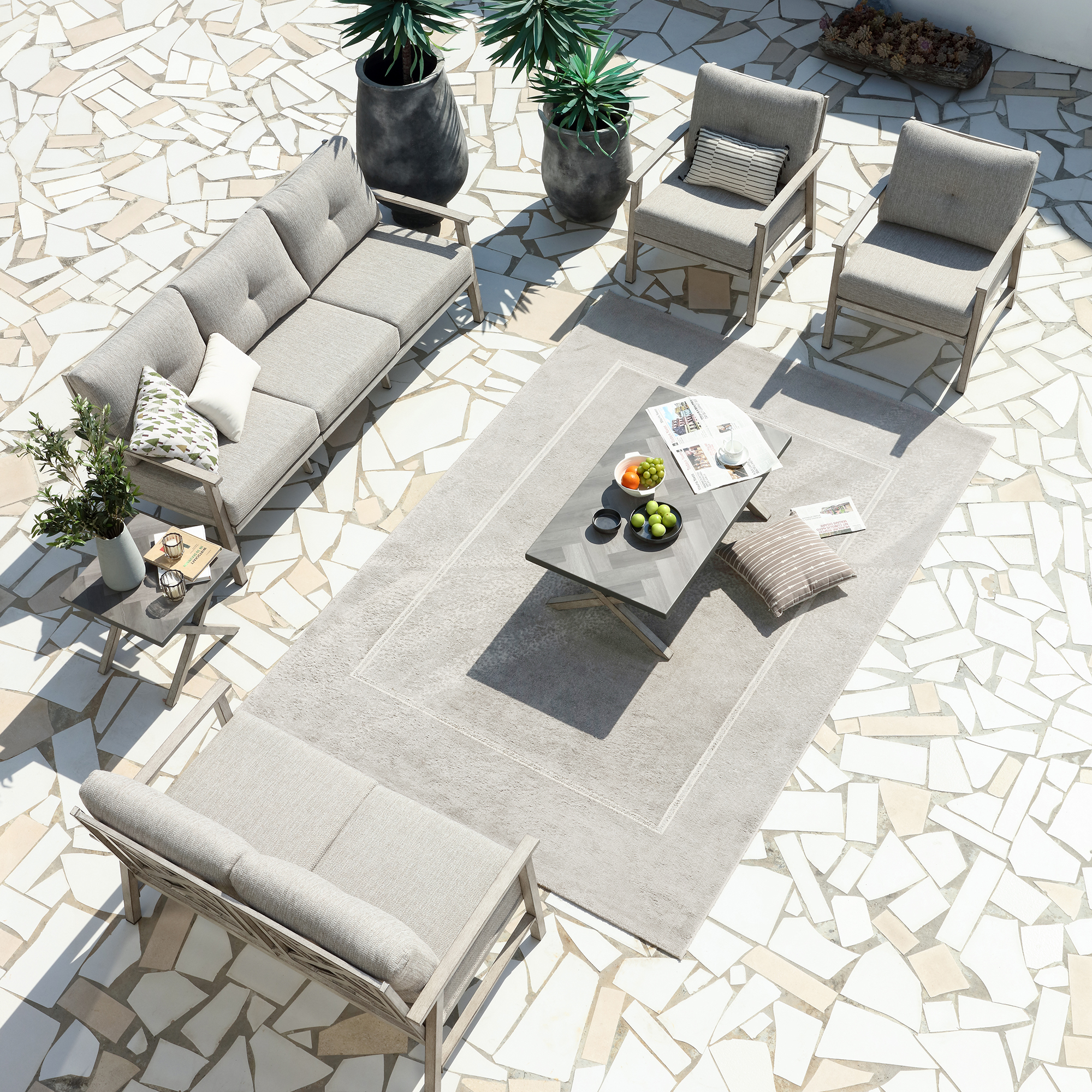 3 Seat sofa+Loveseat Sofa+2 Stationary Sofa+14 Cushions+1 Side Table+1 Coffee Table