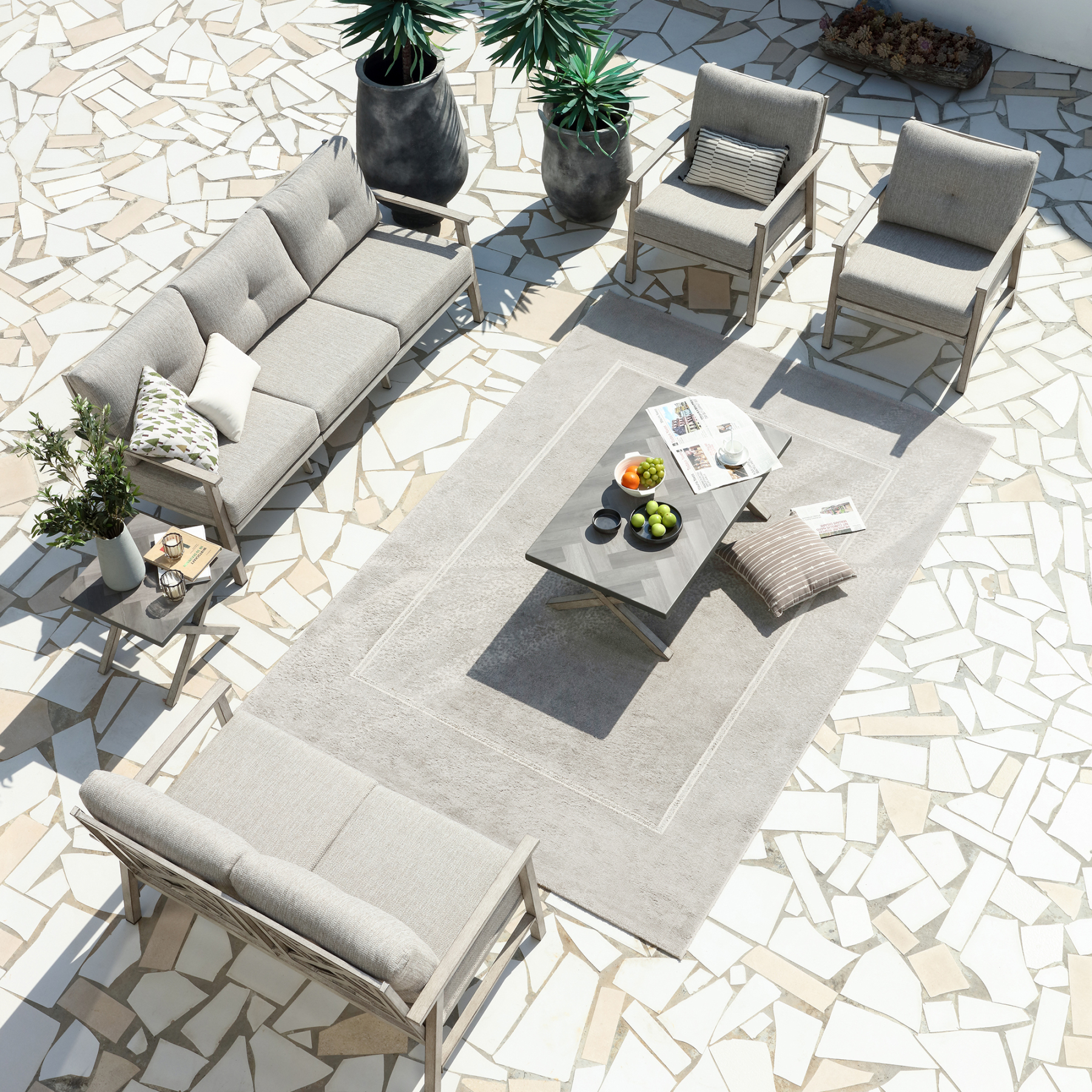 3 Seat sofa+Loveseat Sofa+2 Stationary Sofa+14 Cushions+1 Side Table+1 Coffee Table