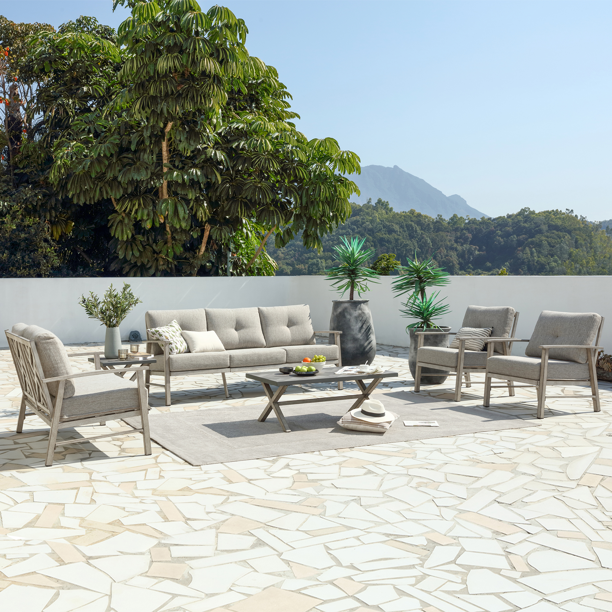 3 Seat sofa+Loveseat Sofa+2 Stationary Sofa+14 Cushions+1 Side Table+1 Coffee Table