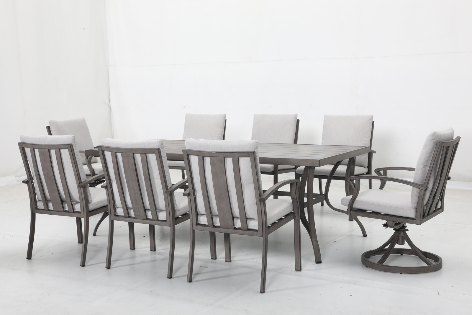 6 stationary chairs+2 swivel chairs+16 cushions+1 table