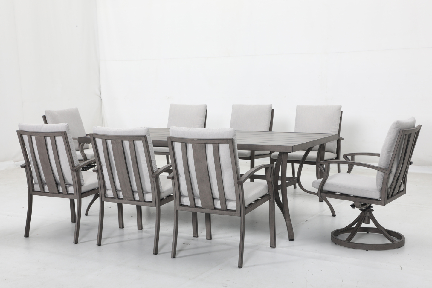 6 stationary chairs+2 swivel chairs+16 cushions+1 table