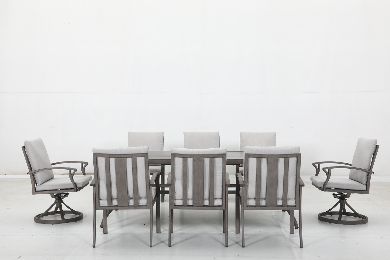 6 stationary chairs+2 swivel chairs+16 cushions+1 table