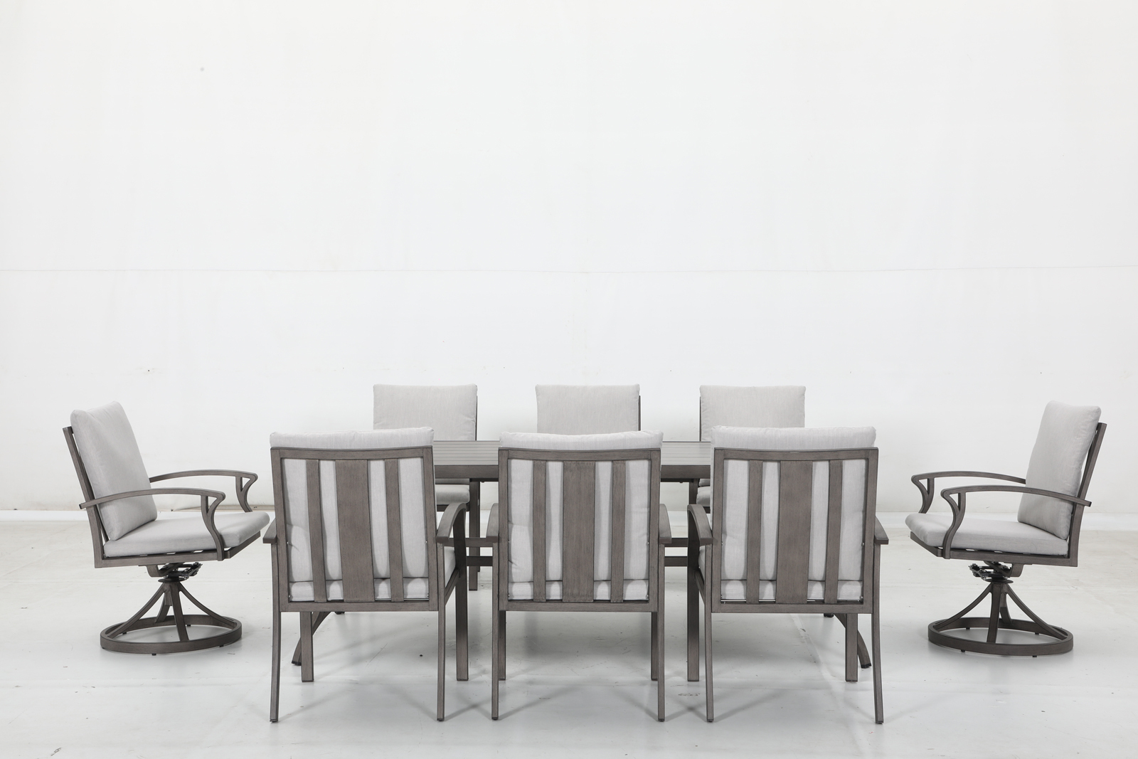 6 stationary chairs+2 swivel chairs+16 cushions+1 table