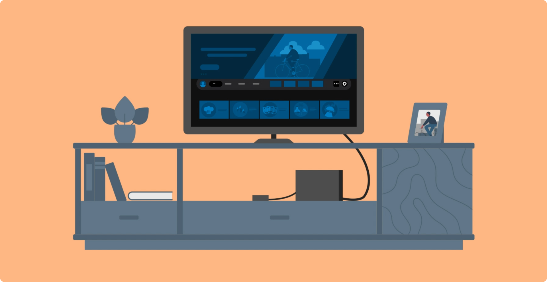 Drawing of a TV on a stand connected to a Fire TV Cube