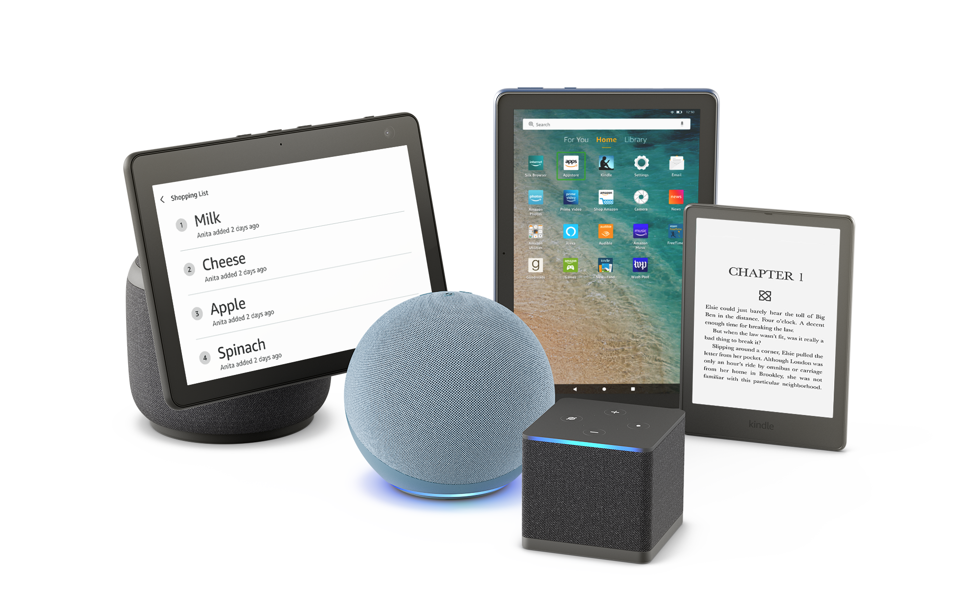 Montage of Amazon devices: Echo Show 10, Echo, Fire TV Cube, Fire tablet HD 10, Kindle Paperwhite