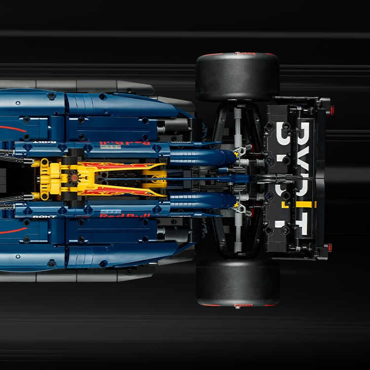 Vogelperspektive auf ein blaues LEGO Rennauto-Modell