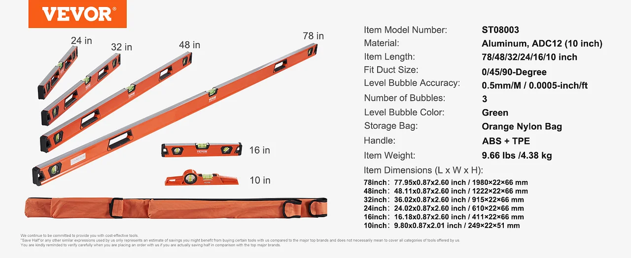 VEVOR magnetic torpedo level set with 6 levels, green bubbles, and orange carrying bag.