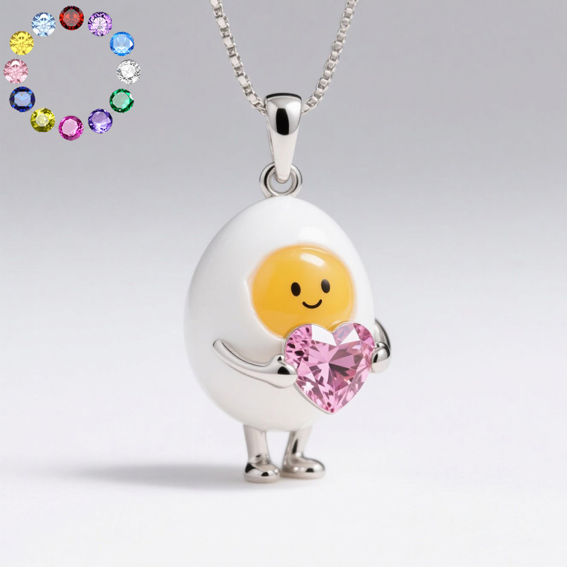 Anyes Happy Boiled Egg Enamel Birthstone Necklace