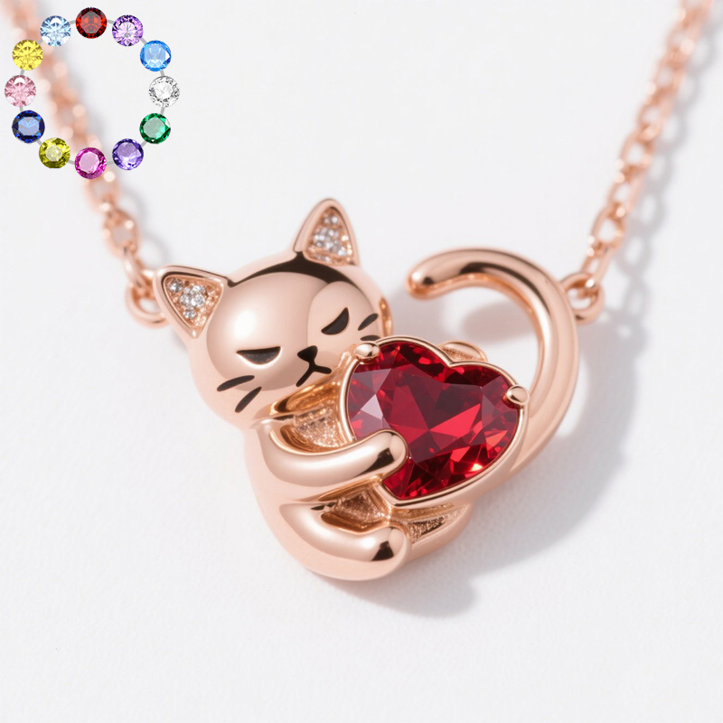 Anyes Grumpy Cat Heart Birthstone Necklace