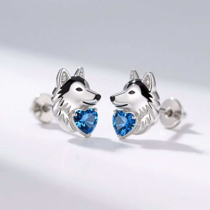 Anyes Husky Dog Embraces Love Heart Stud Earrings