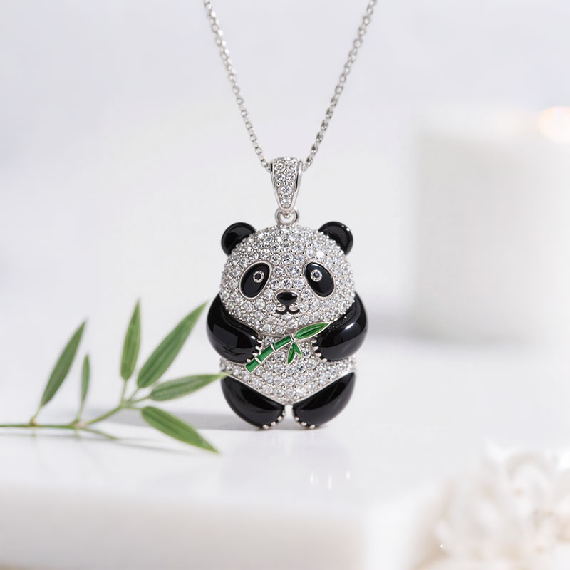 Anyes Panda Holding Bamboo Black Enamel Pendant Necklace