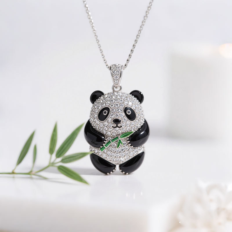 Anyes Panda Holding Bamboo Black Enamel Pendant Necklace