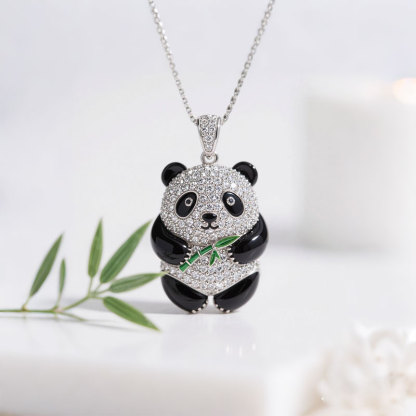 Anyes Panda Holding Bamboo Black Enamel Pendant Necklace