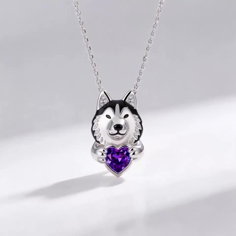 Anyes Husky Dog Embraces Love Heart Birthstone Necklace