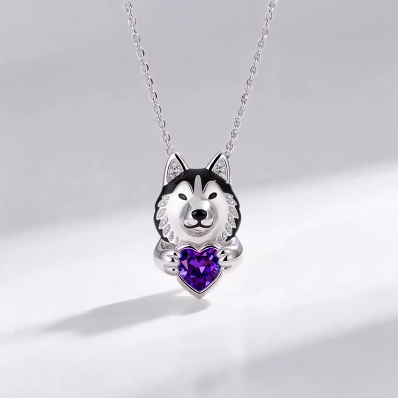 Anyes Husky Dog Embraces Love Heart Birthstone Necklace