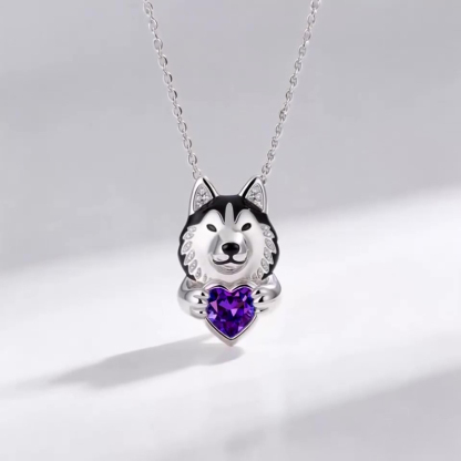 Anyes Husky Dog Embraces Love Heart Birthstone Necklace