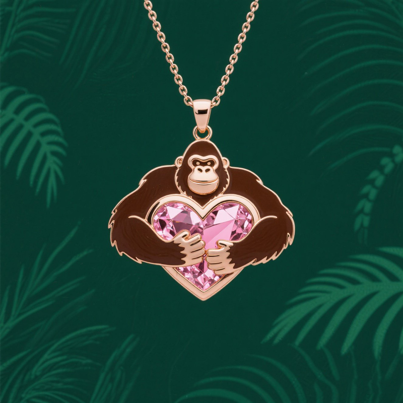 Anyes Enamel Monkey Embraces Pink Heart Necklace