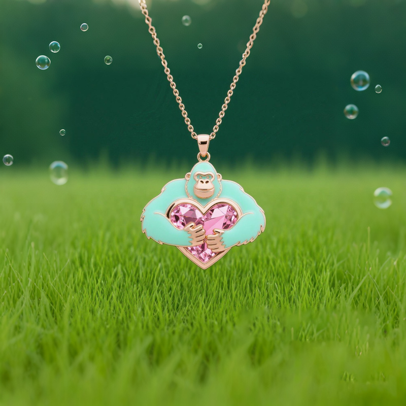 Anyes Enamel Monkey Embraces Pink Heart Necklace