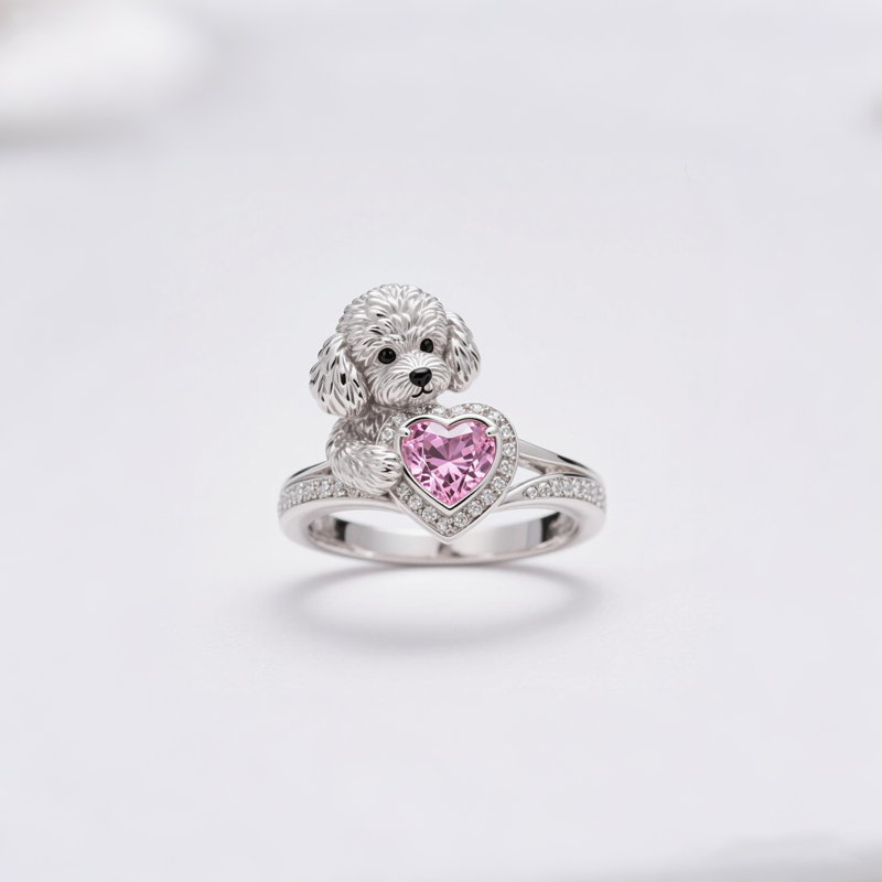 Anyes Poodle Embraces Love Halo Pink Heart Cocktail Ring