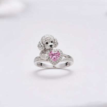 Anyes Poodle Embraces Love Halo Pink Heart Cocktail Ring