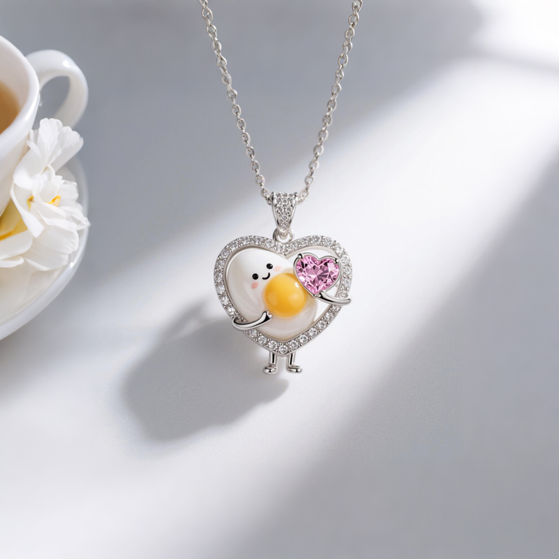 Anyes Happy Boiled Egg Embraces Pink Heart Enamel Necklace