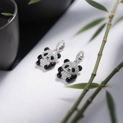 Anyes Panda Black Enamel Drop Earrings