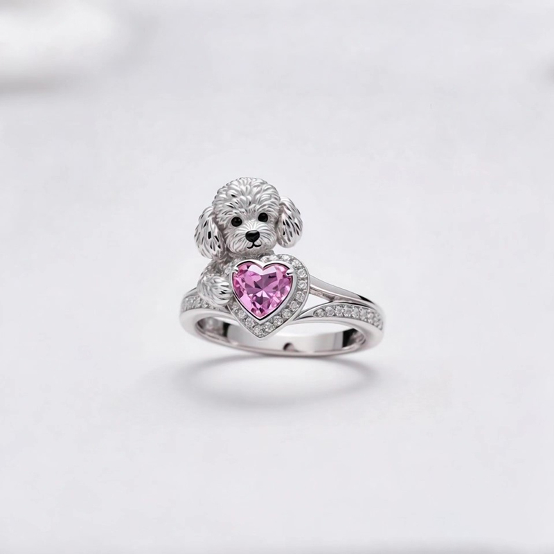 Anyes Poodle Embraces Love Halo Pink Heart Cocktail Ring