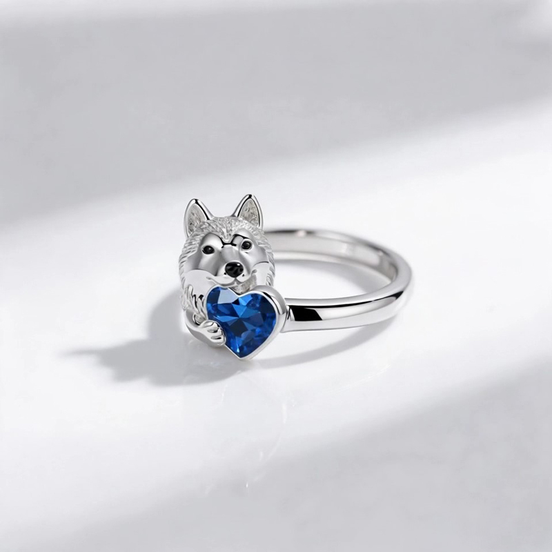 Anyes Husky Dog Embraces Love Heart Cocktail Ring