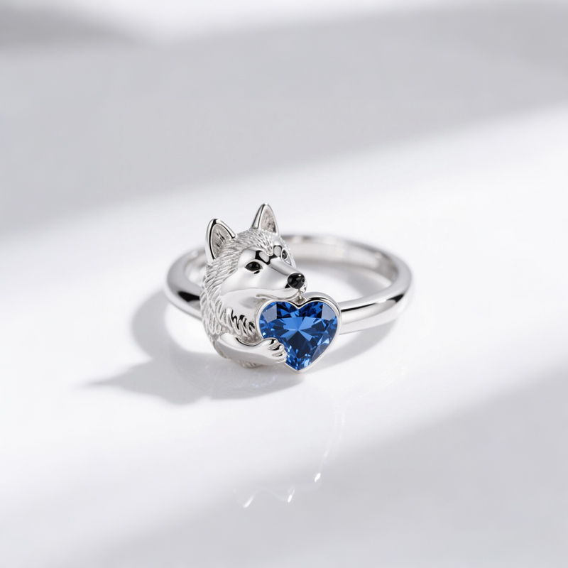 Anyes Husky Dog Embraces Love Heart Cocktail Ring