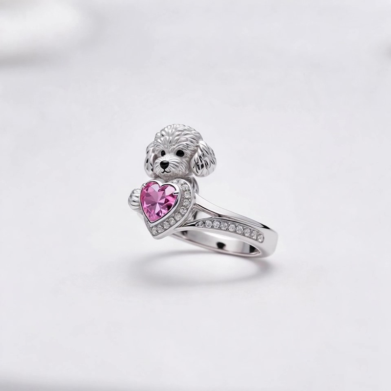 Anyes Poodle Embraces Love Halo Pink Heart Cocktail Ring