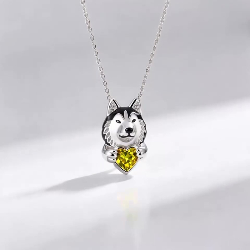 Anyes Husky Dog Embraces Love Heart Birthstone Necklace