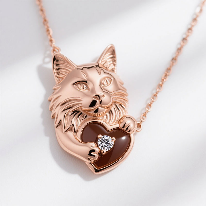 Anyes Round Cut Brown Enamel Heart Shape Maine Coon Necklace