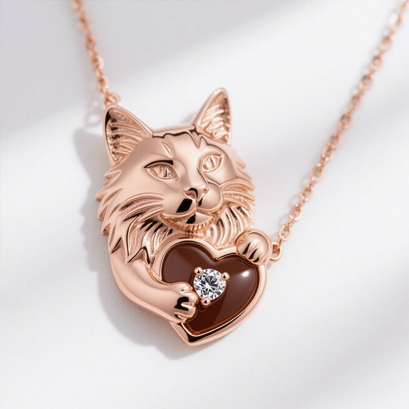 Anyes Round Cut Brown Enamel Heart Shape Maine Coon Necklace