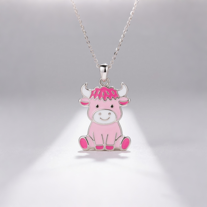 Anyes Pink Enamel Strawberry Highland Cow Necklace