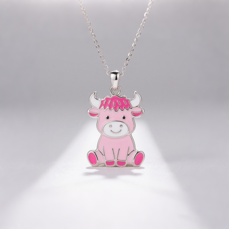 Anyes Pink Enamel Strawberry Highland Cow Necklace