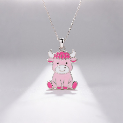 Anyes Pink Enamel Strawberry Highland Cow Necklace